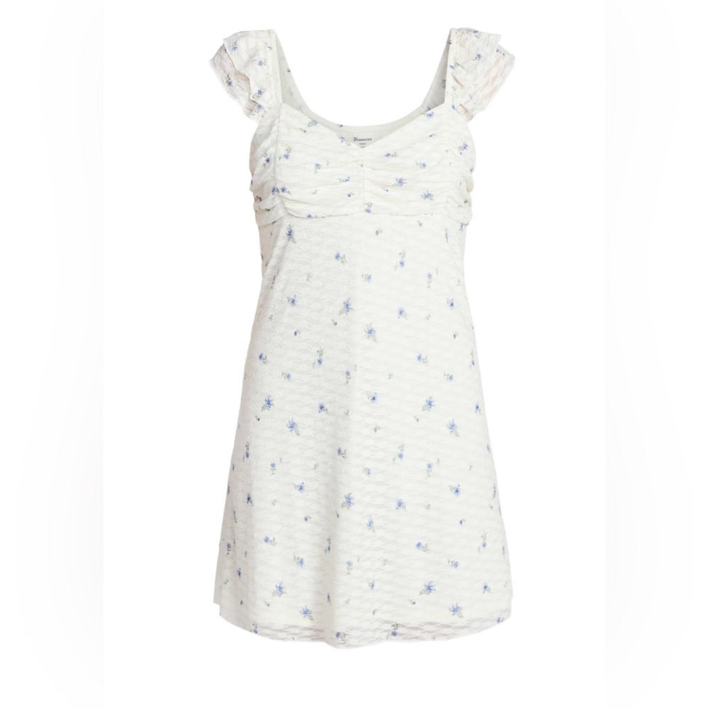 No‎ Boundaries White Blue Floral Lace Dress Ruffle Straps Ruched Bust Sz L NWT